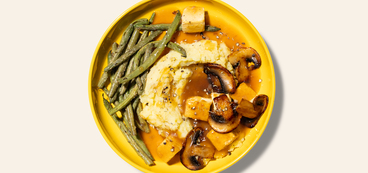 Tofu Marsala roasted green beans, mashed potatoes