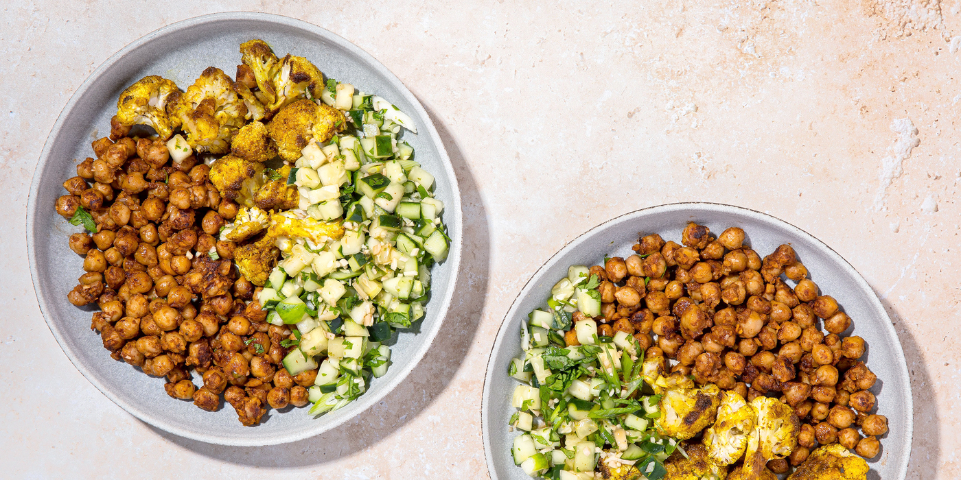 Curry Roasted Cauliflower with Masala Chickpeas & Ginger Cucumber Salsa