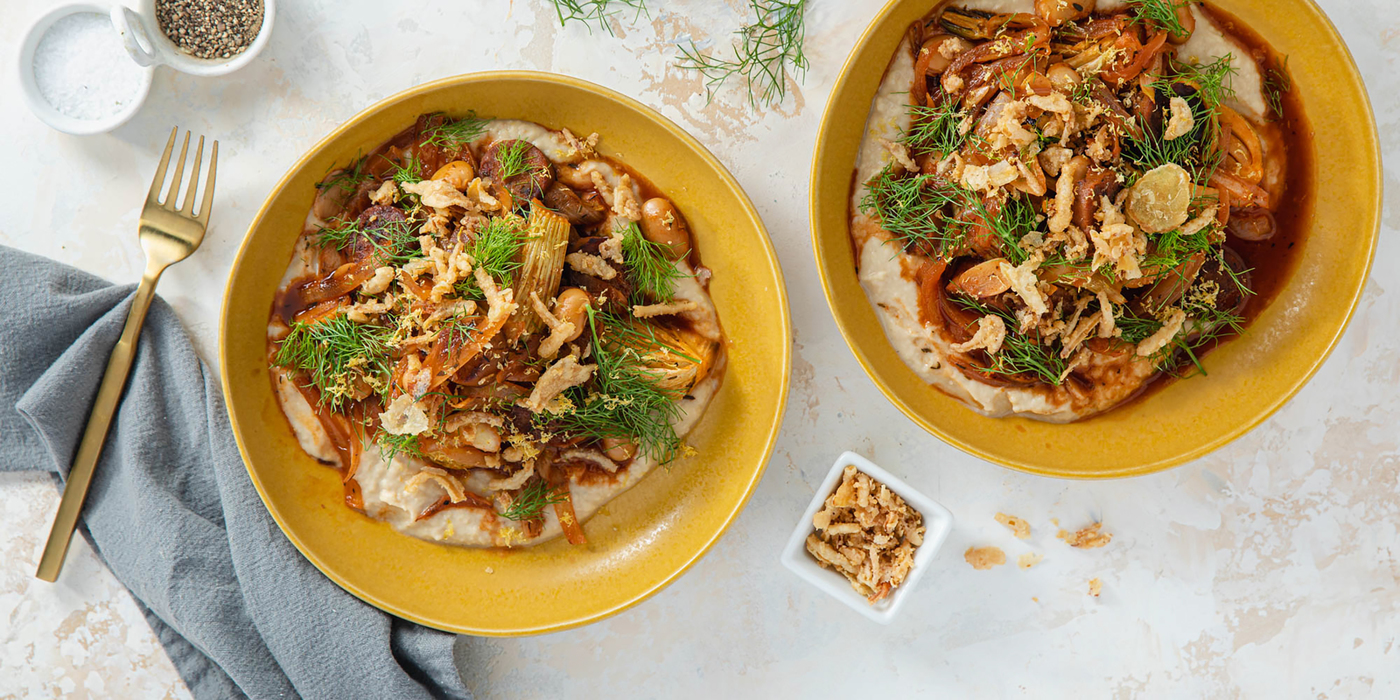 Spicy Pan Braised Fennel with Sausage & Butter Bean Mash