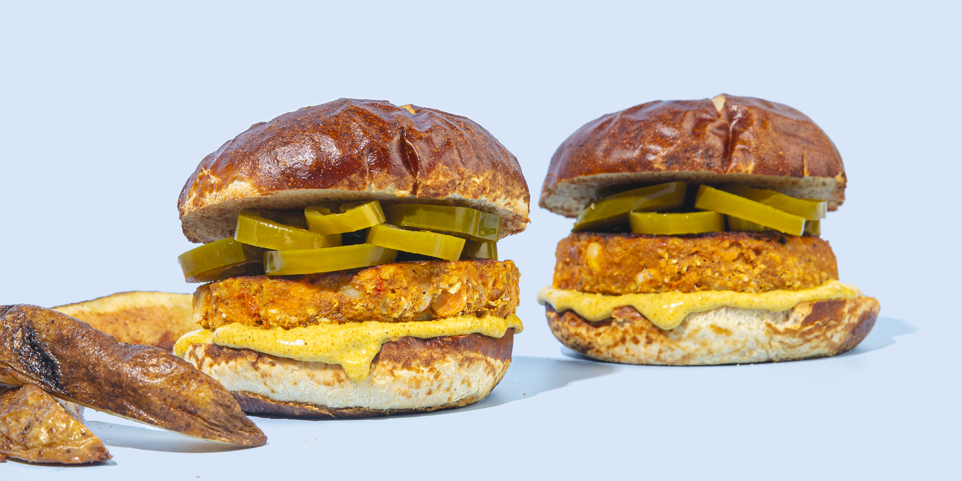 Vibrant Veggie Burgers with Curry Crema & Fries
