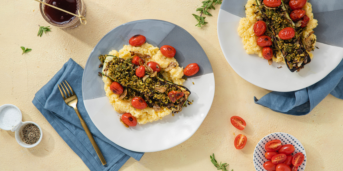 Mushroom Stuffed Zucchini with Burst Cherry Tomatoes & Pesto Breadcrumbs