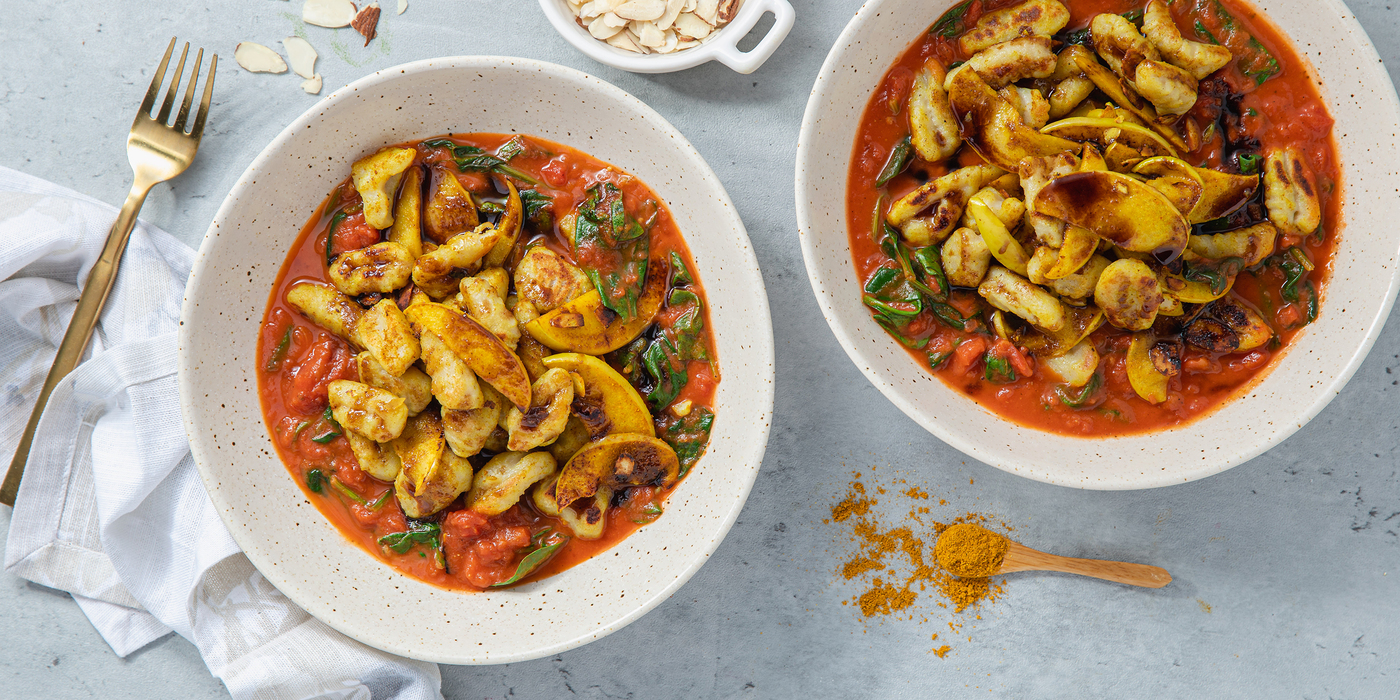 Madras Curry Gnocchi with Pan-Seared Apples & Tamarind Chutney