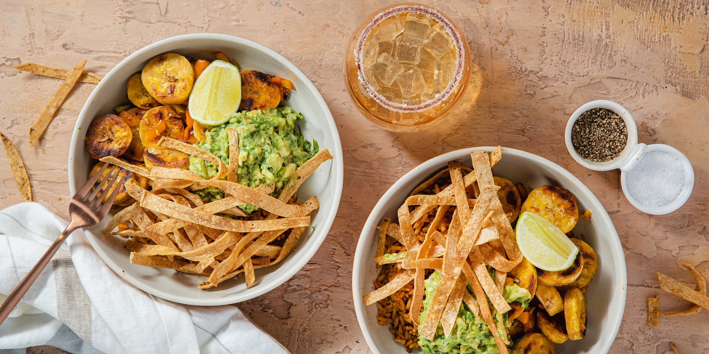 Loaded Taco Bowls with Spanish Rice & Charred Scallion Guacamole