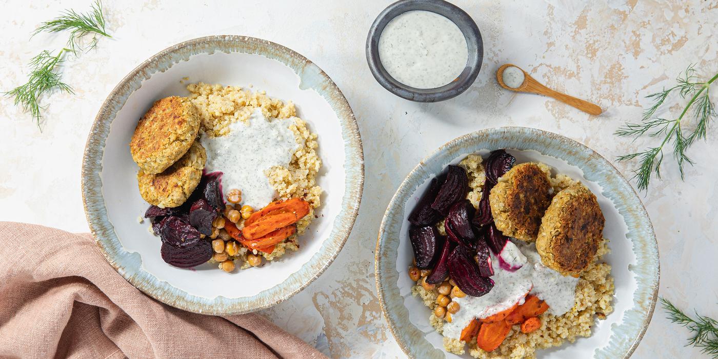 Falafel Bowl with Harissa Glazed Carrots & Dilly Garlic Sauce