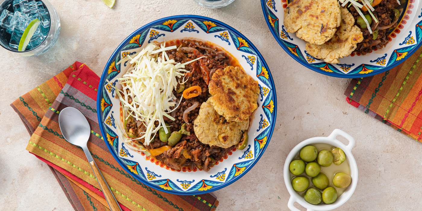 Picadillo with Plantain Arepas & Creamy Cabbage Slaw