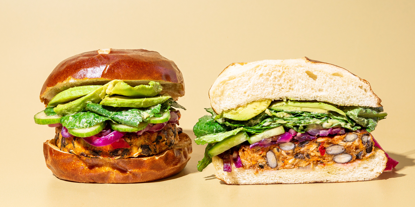 Black Bean Burger with Creamy Avocado Kale Slaw & Griddled Onion