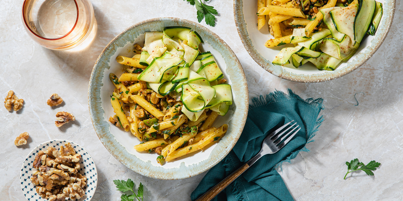 Herby Walnut Penne with Olives & Zucchini Ribbons