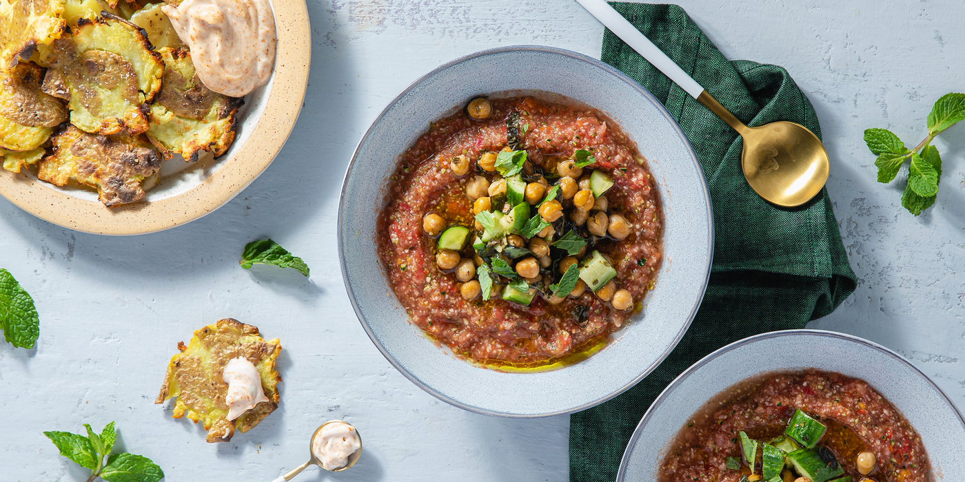 Summer Gazpacho with Crispy Chickpea Salad & Patatas Bravas