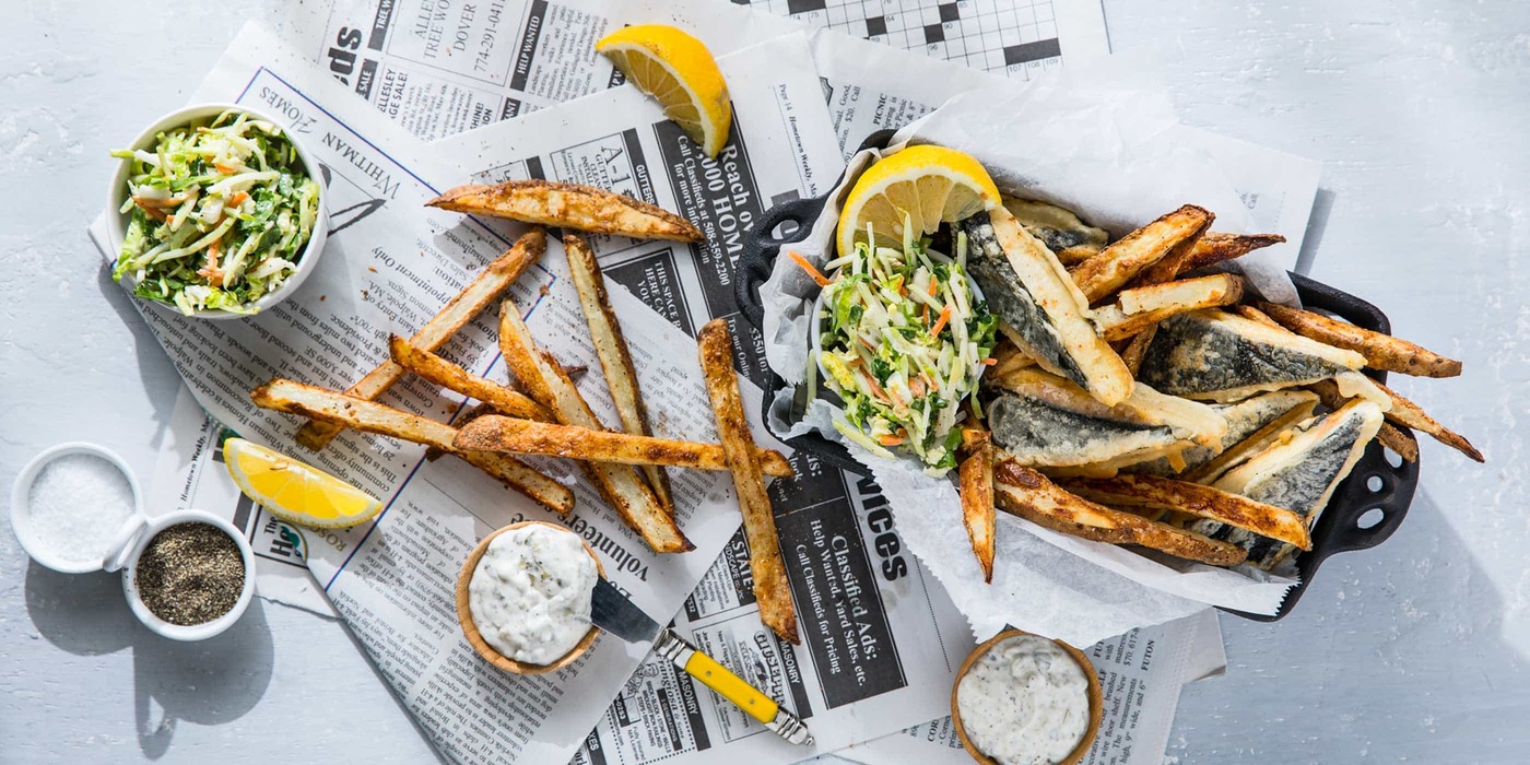 Vegan "Fish" and Chips with Classic Tartar Sauce and Coleslaw