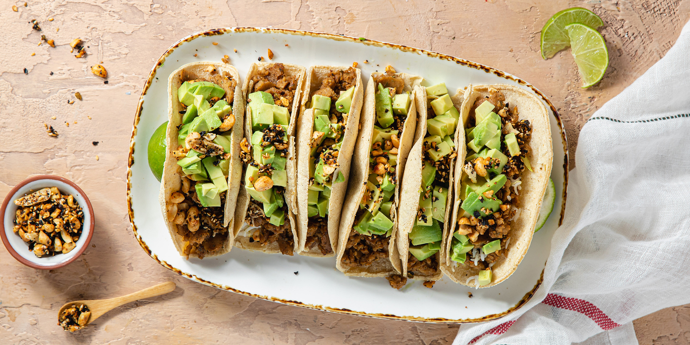 Seitan Asada Tacos with Avocado & Salsa Macha