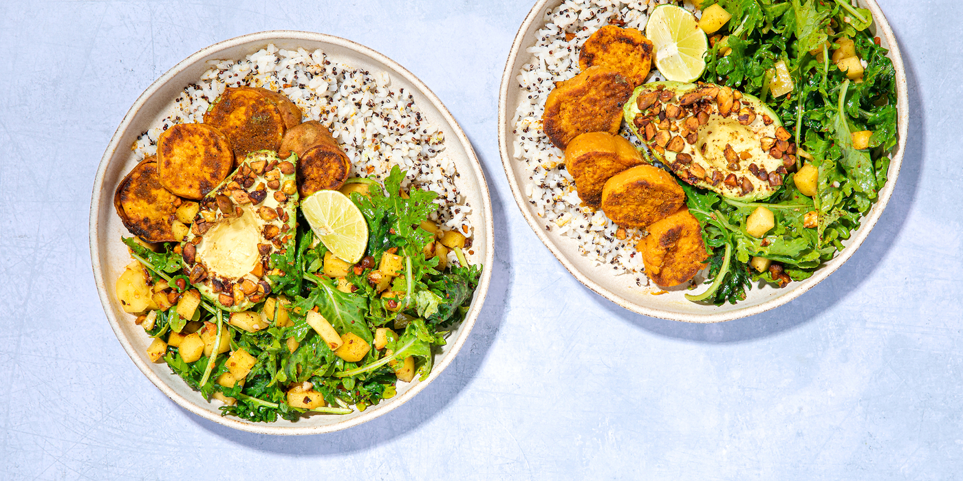 Madras Curry Sweet Potatoes with Mango Salad & Pistachio Crusted Avocado