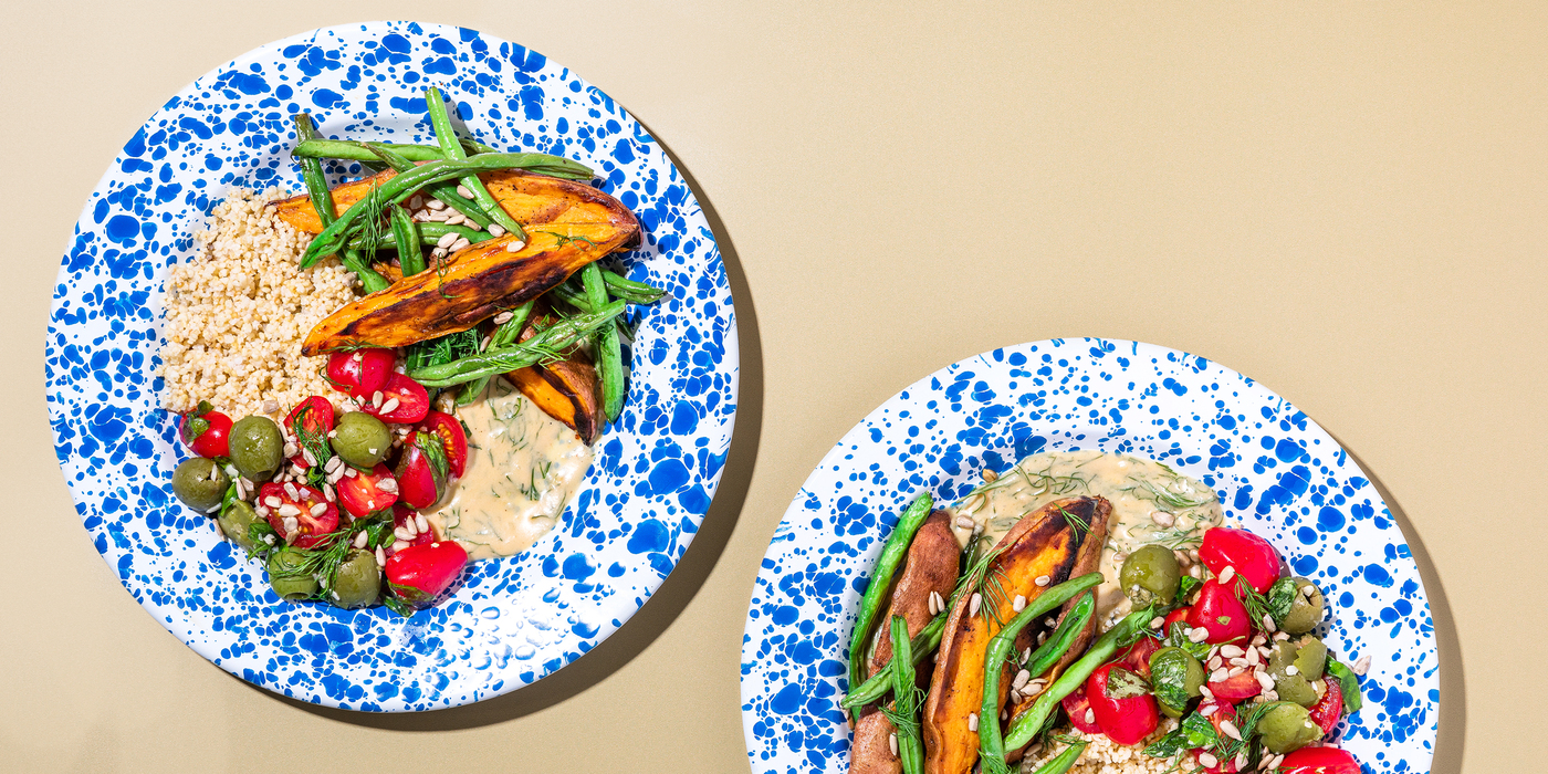 Summer Nourish Bowls with Crushed Olive Vinaigrette & Herby Tahini Ranch