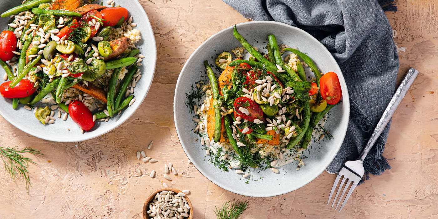 Summer Nourish Bowls with Crushed Olive Vinaigrette & Herby Tahini Ranch