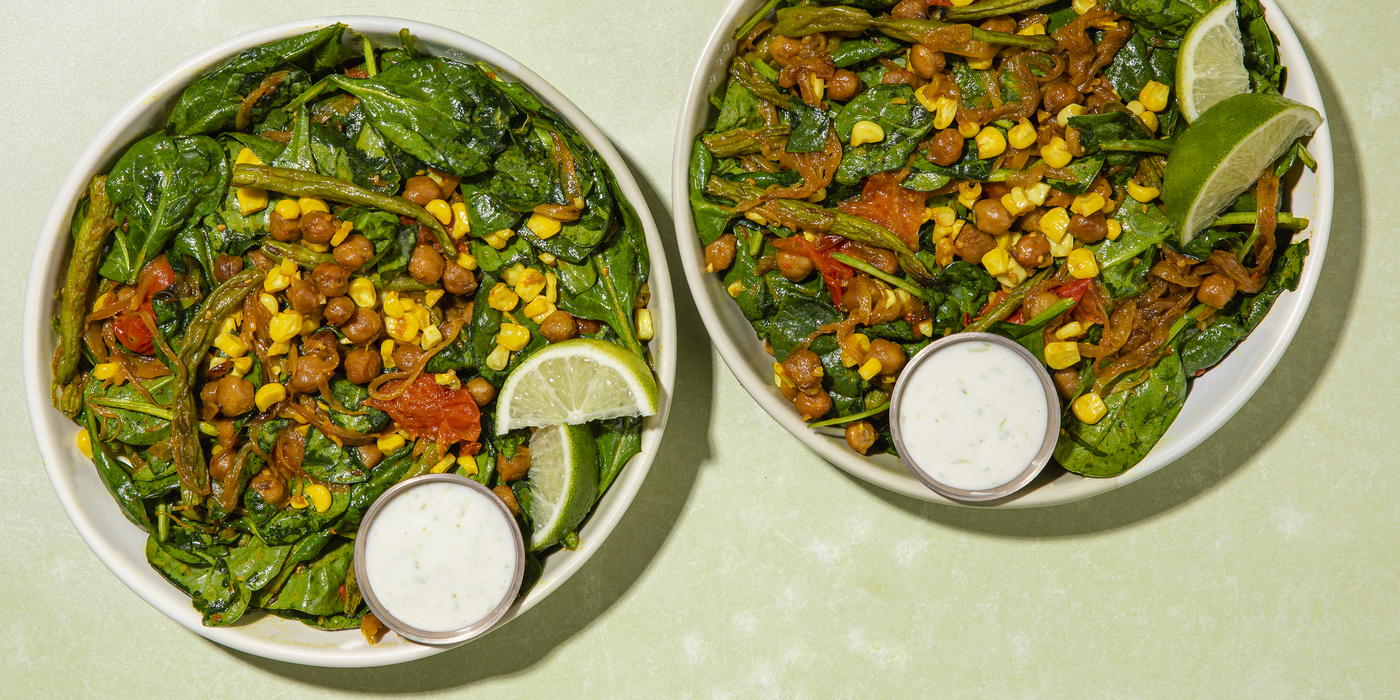 Makai Palak Salads with Roasted Corn & Lime Yogurt