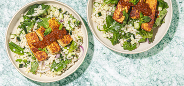 Harissa Tofu Steaks with Grilled Tomato Couscous & Dill Yogurt