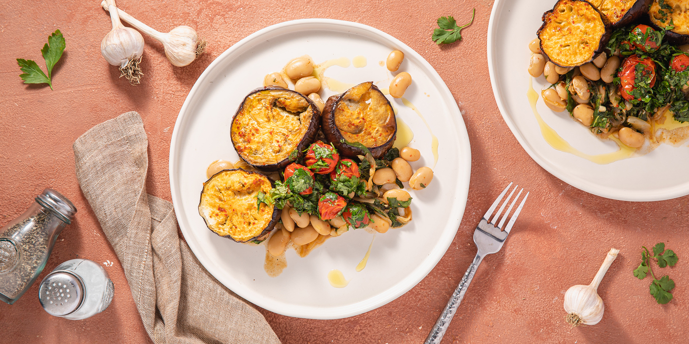 Harissa Roasted Eggplant with Butter Beans & Herbed Tomatoes