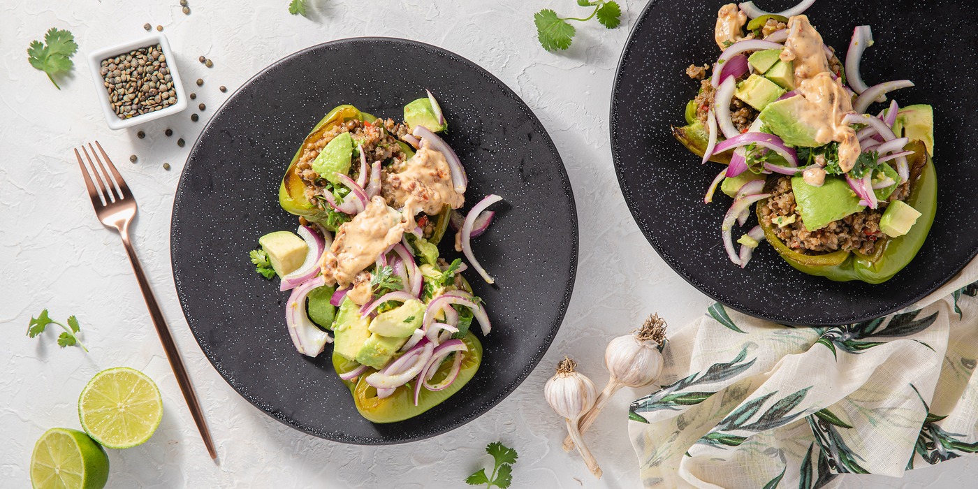 Stuffed Peppers with Avocado Salad & Tomato Crema