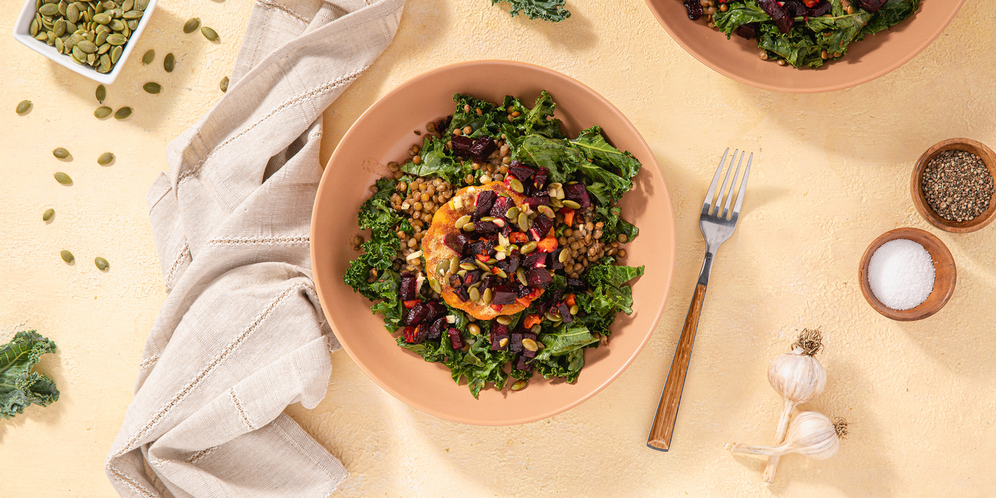 Vibrant Veggie Burger with Lentil Salad & Roasted Roots