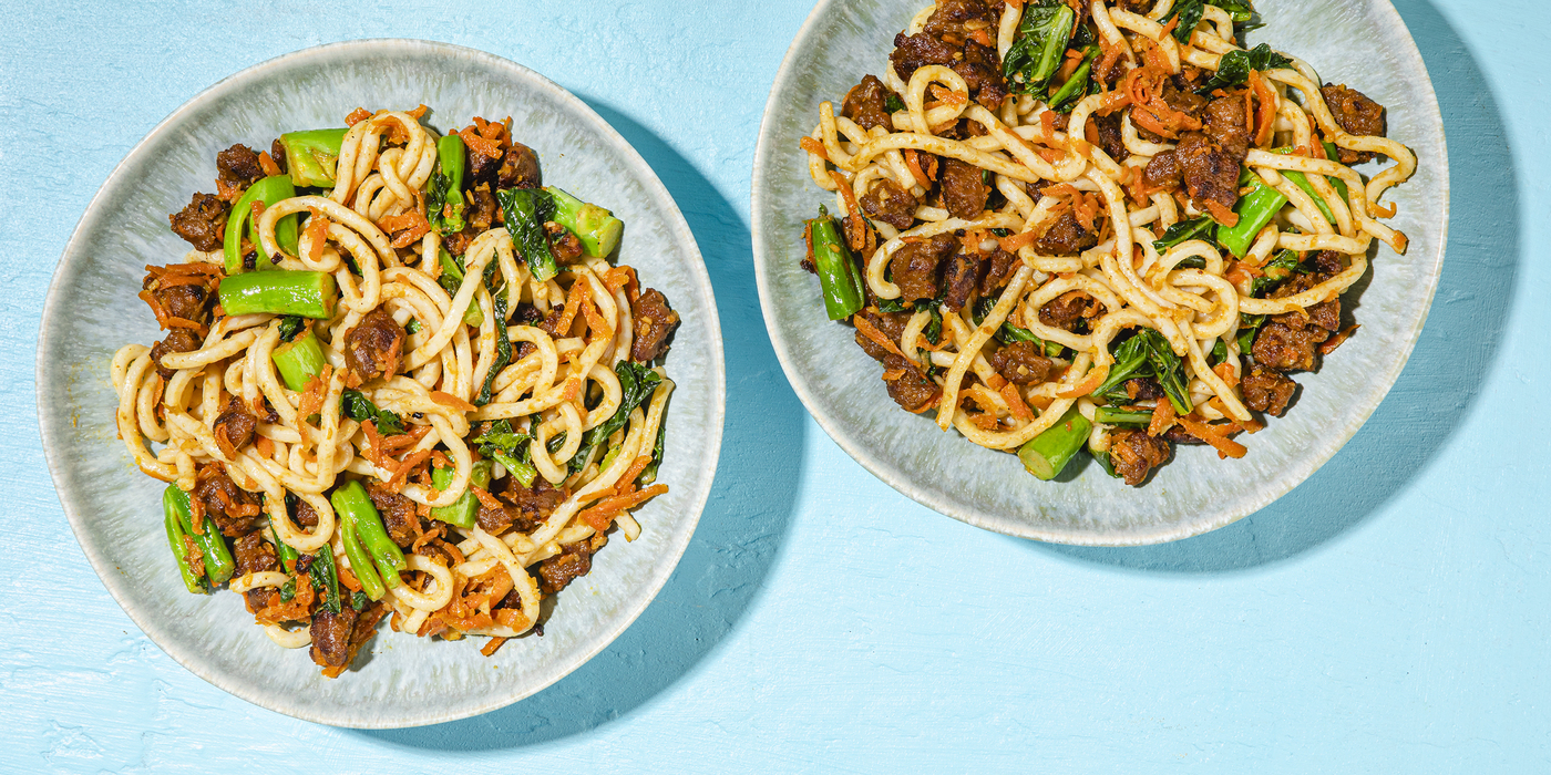 Yaki Udon seitan, stir-fried carrots & gai lan
