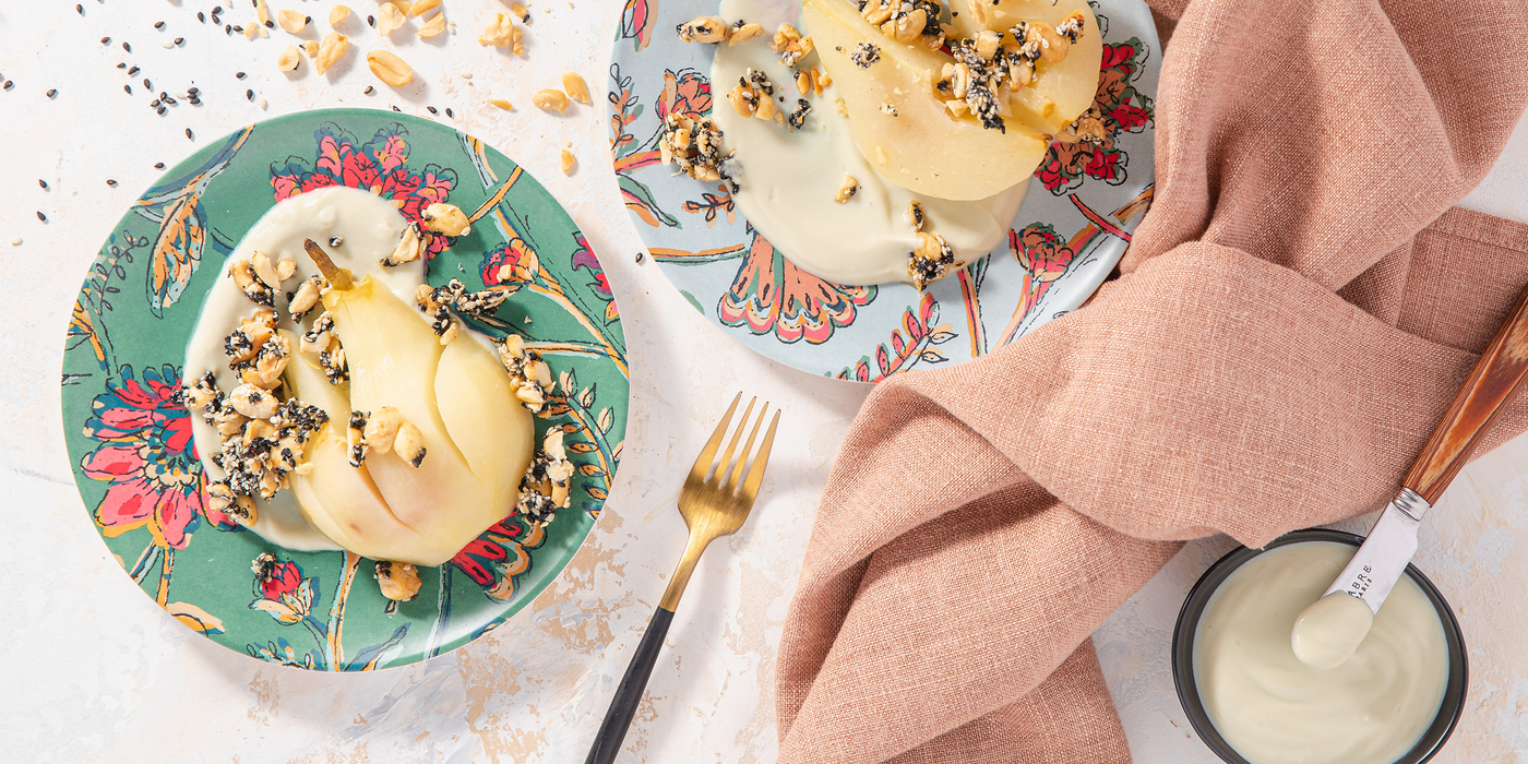 Roasted Pear with Sesame Peanut Crisp & Matcha Cream