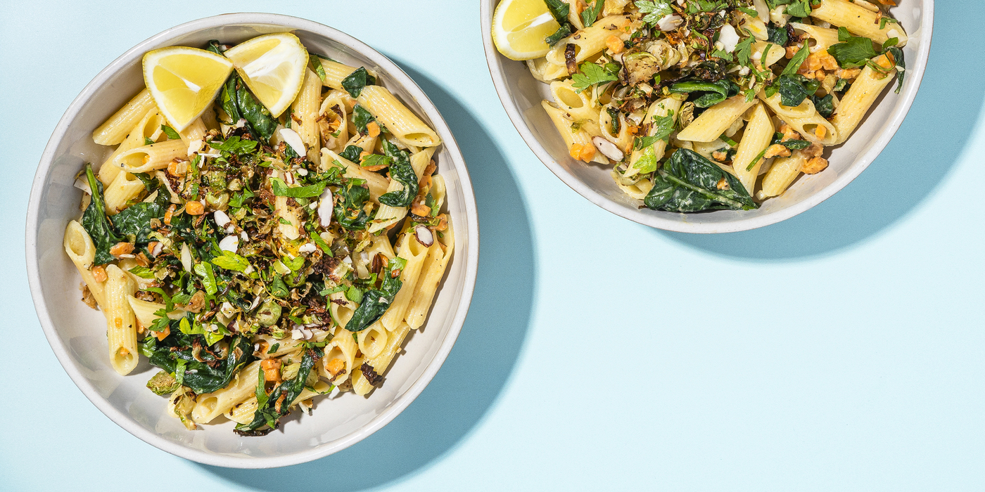 Penne Alfredo with Roasted Sweet Potatoes & Crispy Brussels Sprout Gremolata