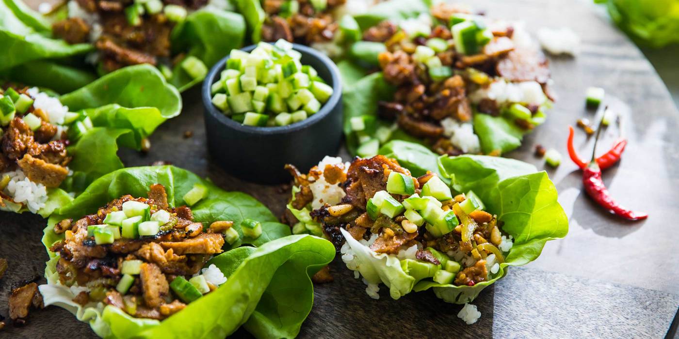 Mongolian Seitan Lettuce Cups with Sticky Rice and Pine Nuts