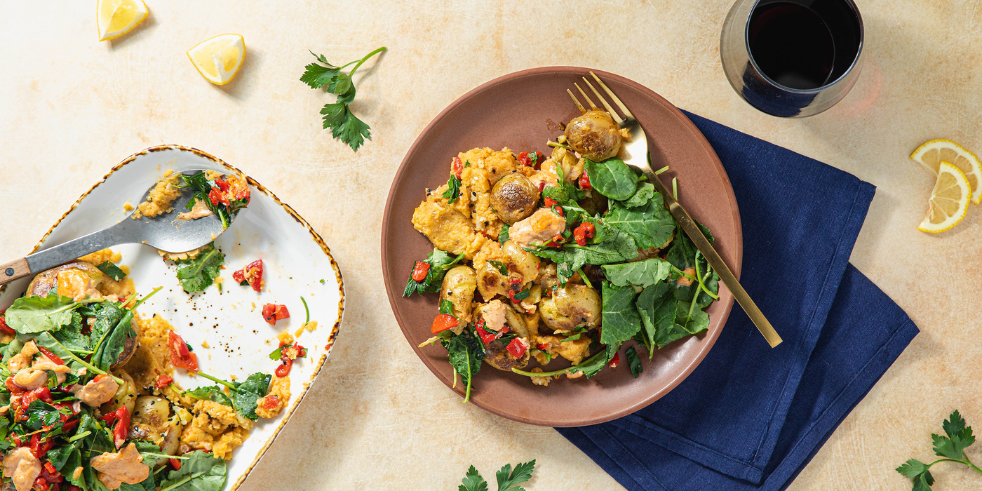 Sesame Smashed Potato Skillet with Herbed Pepper Salsa & Paprika Aioli