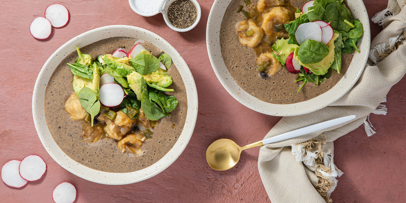 Creamy Black Beans with Masa Dumplings & Avocado Spinach Salad