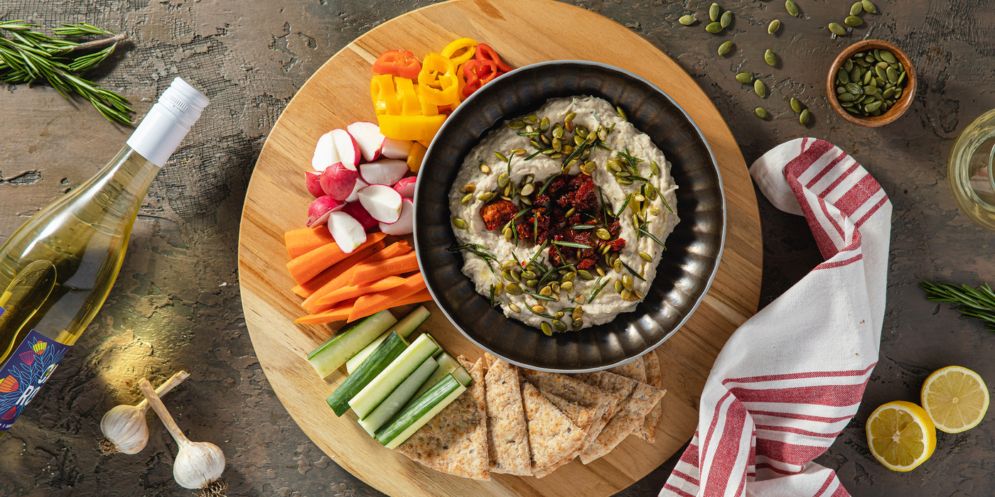 White Bean Dip with Fried Rosemary & Toasted Pumpkin Seeds