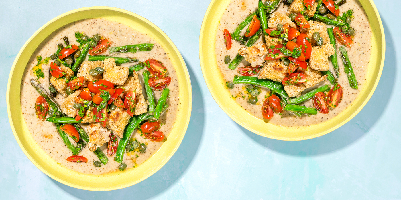 Lemon Pepper Tofu with Za’atar White Bean Purée & Caper Vinaigrette