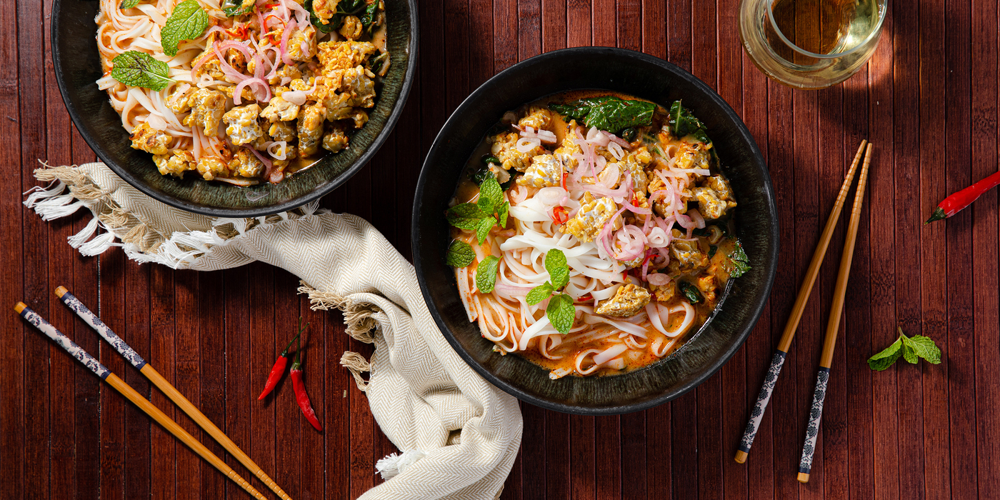 Thai Tempeh Khao Soi with Swiss Chard & Mint