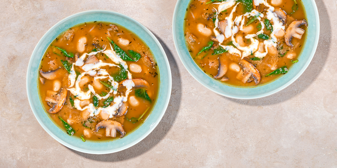 Mushroom Bulgur Soup with Baby Kale & Lemon Cream