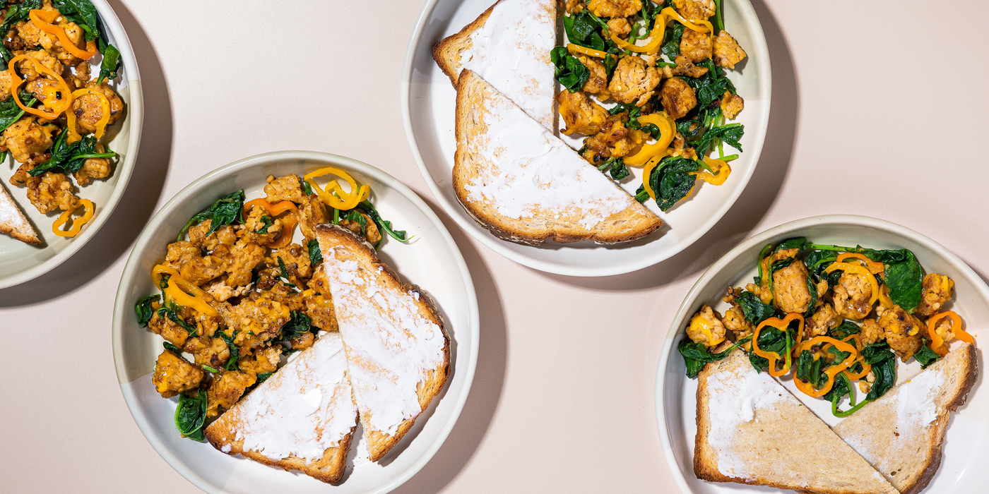 Kale and Smoky Tempeh Scramble with Sweet Peppers & Cheddar