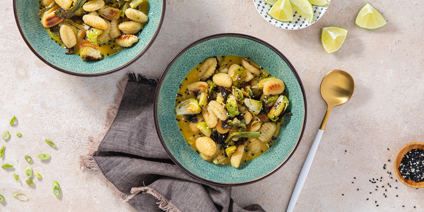 Sesame Gnocchi with Roasted Brussels Sprouts & Ginger Pumpkin Butter