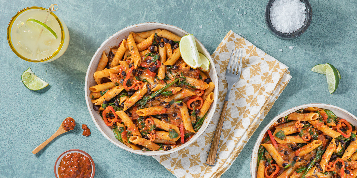 One-Pot Black Bean Enchilada Pasta with Sweet Peppers & Lime