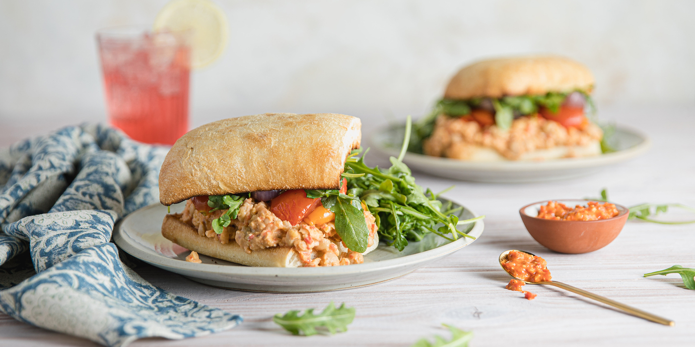 Romesco Chickpea Sandwiches with Roasted Vegetables & Lemony Arugula