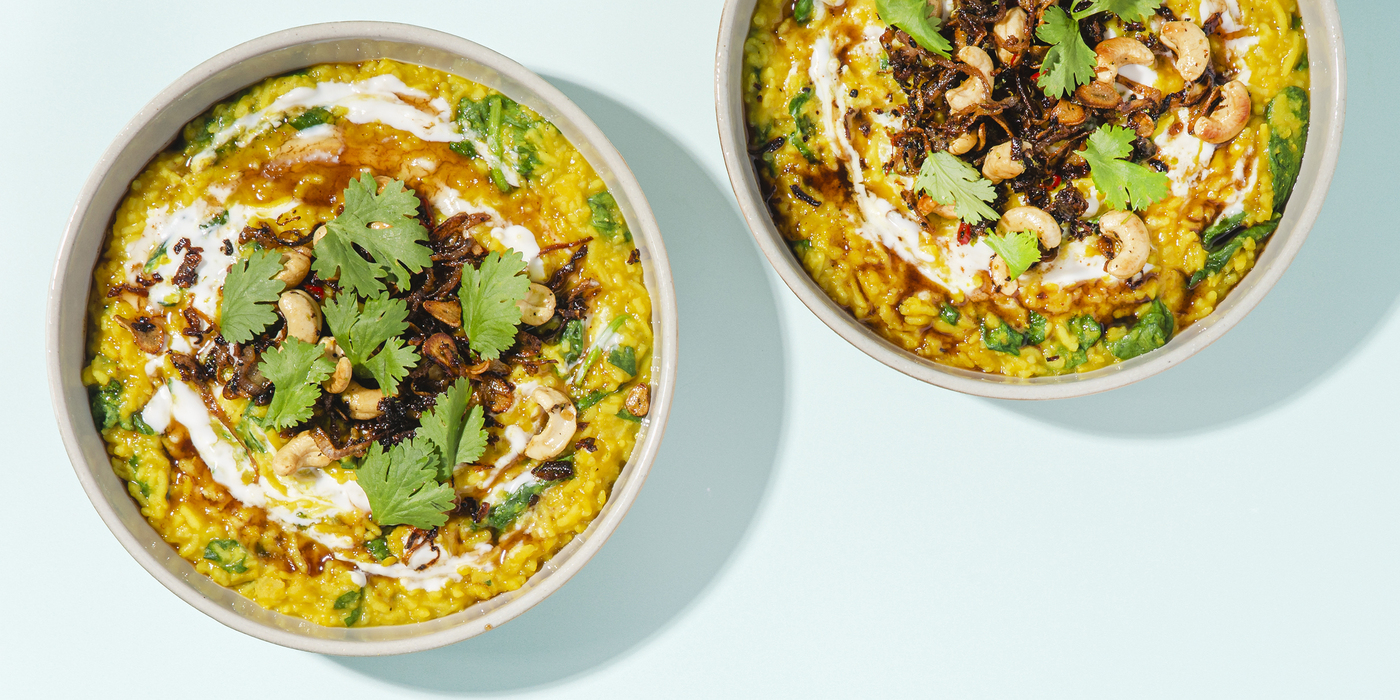 Red Lentil Kitchari with Cashew Chile Crunch & Tamarind Chutney