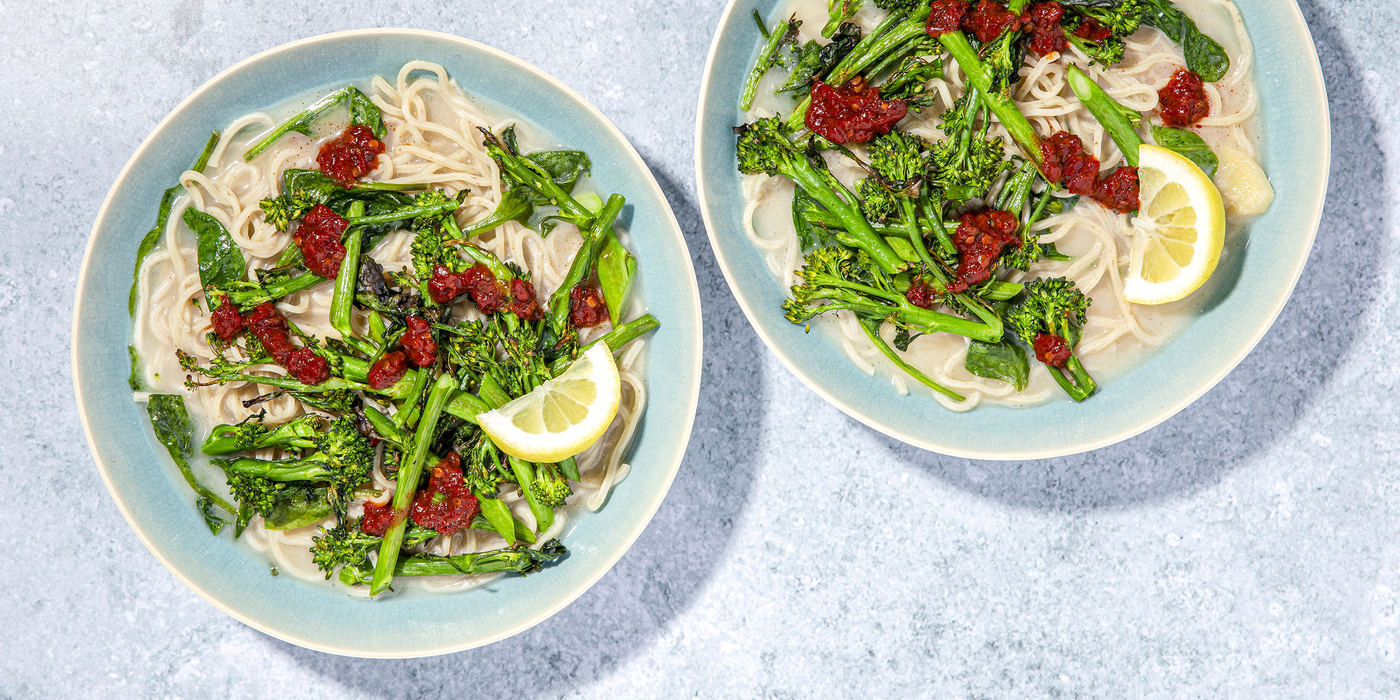 Miso Coconut Ramen Bowls with Charred Broccolini & Lemon