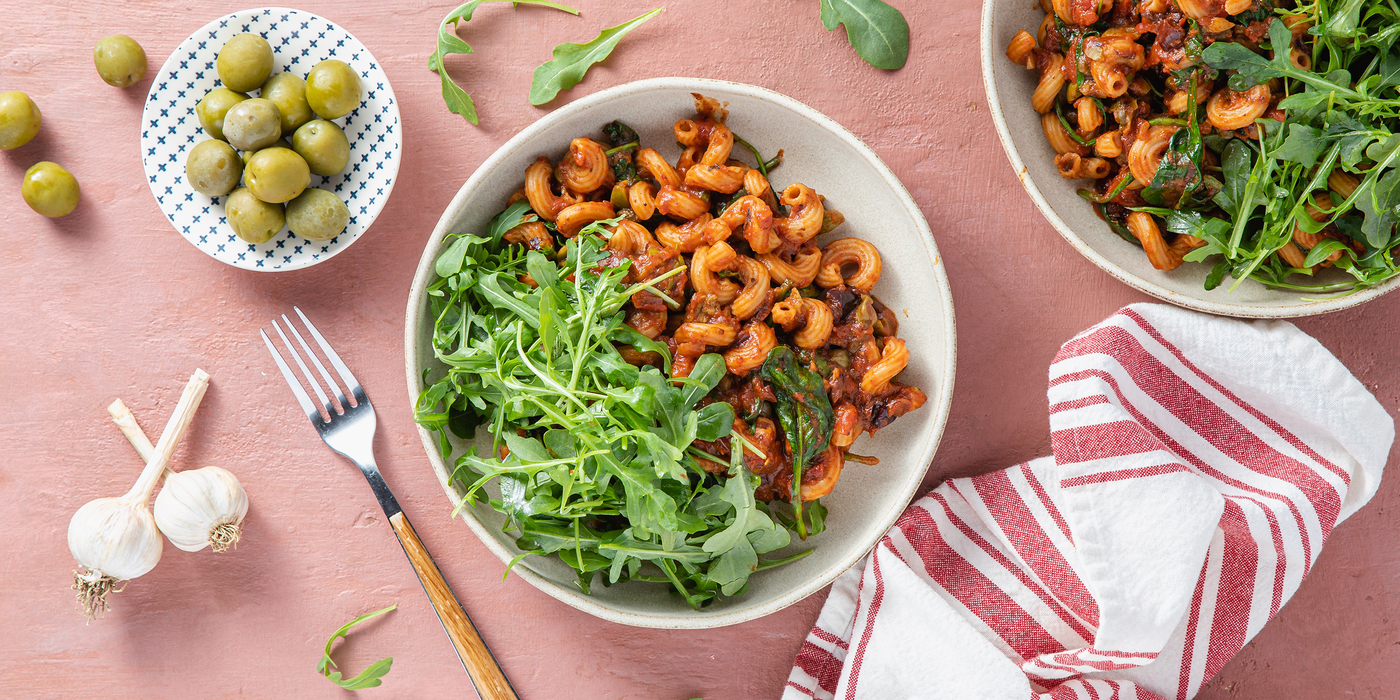 Cavatappi Puttanesca with Olives & Lemon Arugula Salad