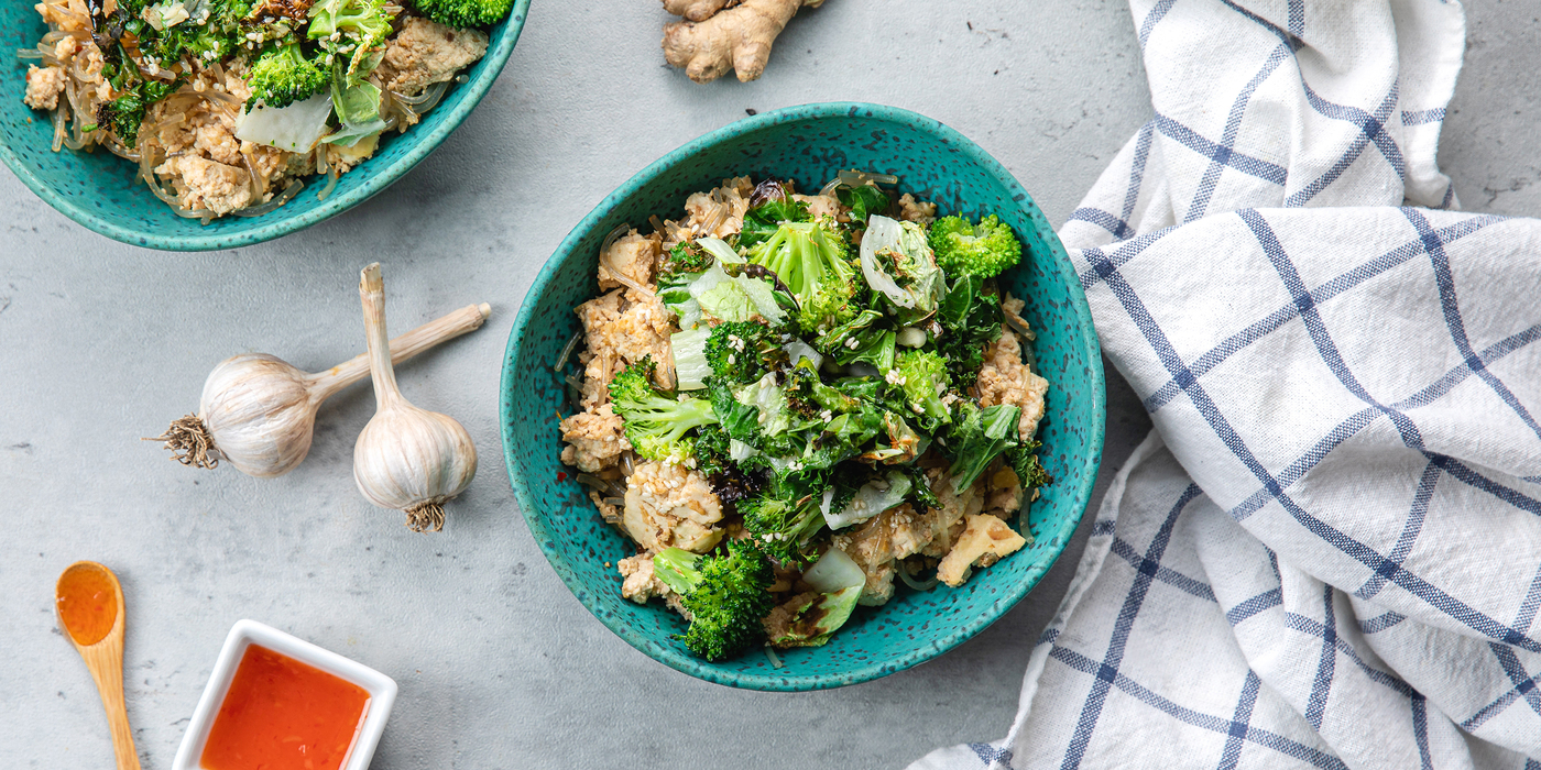 Spicy Szechuan Style Glass Noodles with Tofu & Garlicky Greens