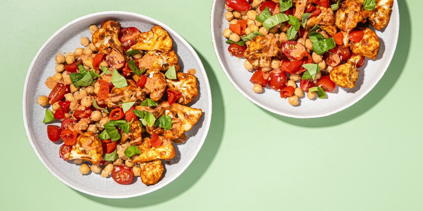 Crispy Cauliflower with Warm Chickpea Salad & Pickled Pepper Tahini Drizzle