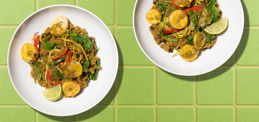 Caribbean-Curry Plantain Bowls coconut curry, peppers, crispy plantains