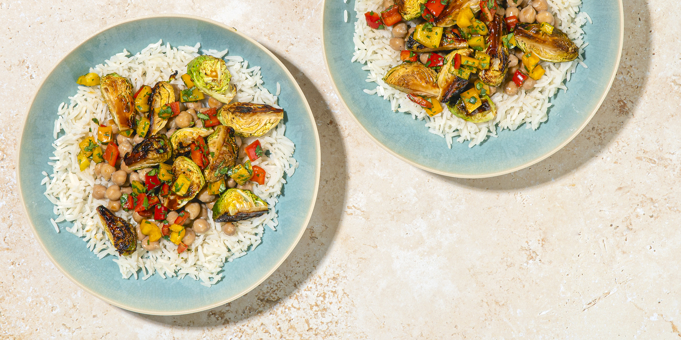 Green Curry Chickpeas with Tamarind-Roasted Brussels Sprouts