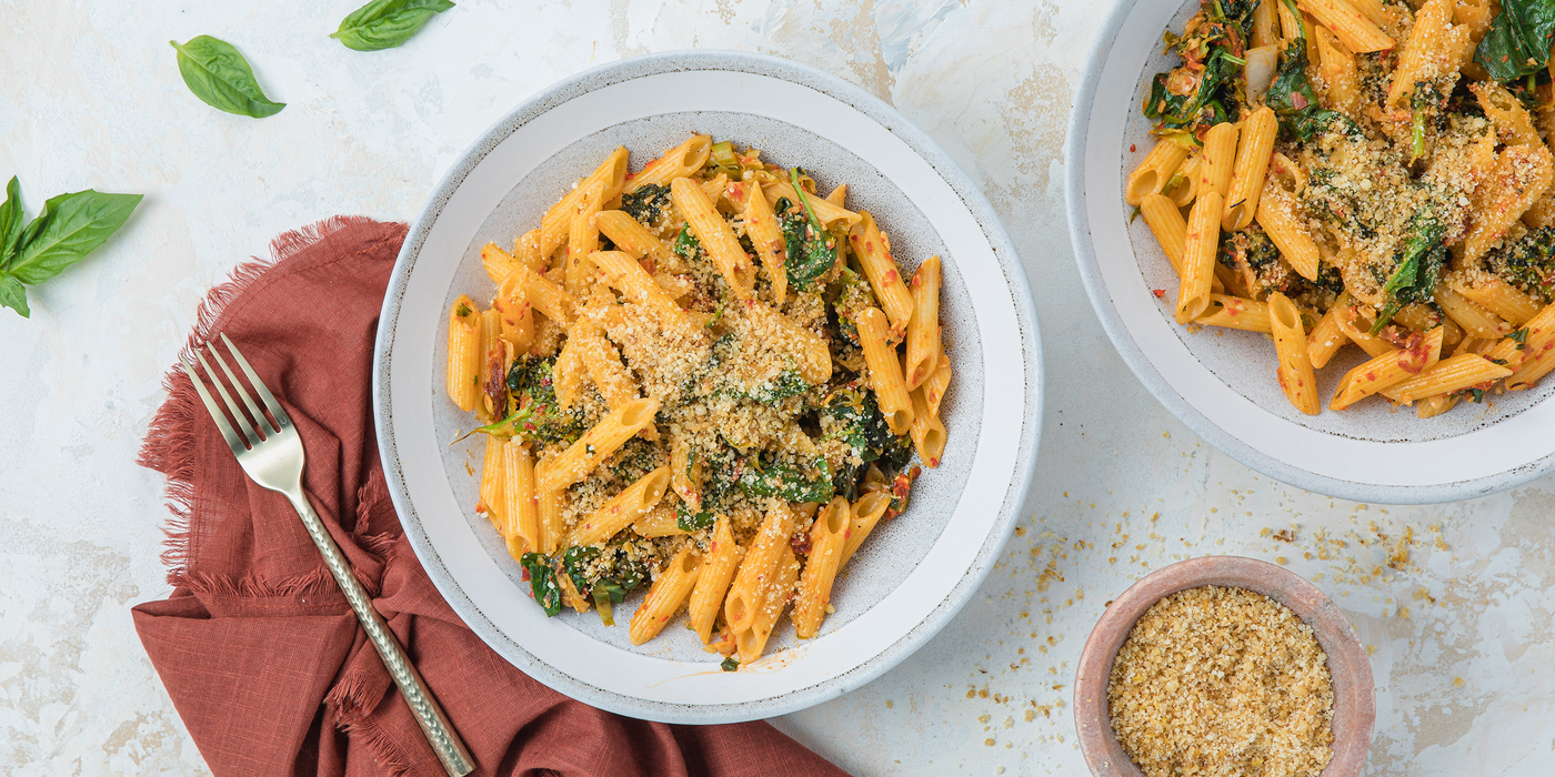 Penne with Pesto alla Trapanese & Lemon Breadcrumbs