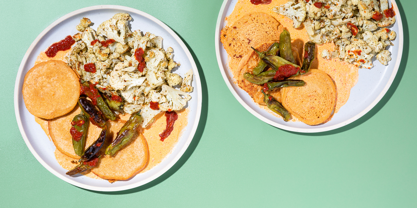 Crispy Lentil Cakes with Romesco & Spicy Cauliflower Salad