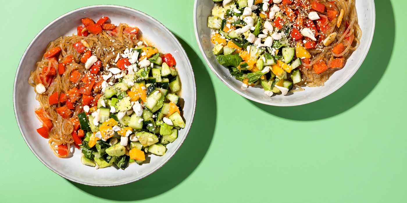 Spicy Curry Noodles with Mint & Peach-Avocado Salad