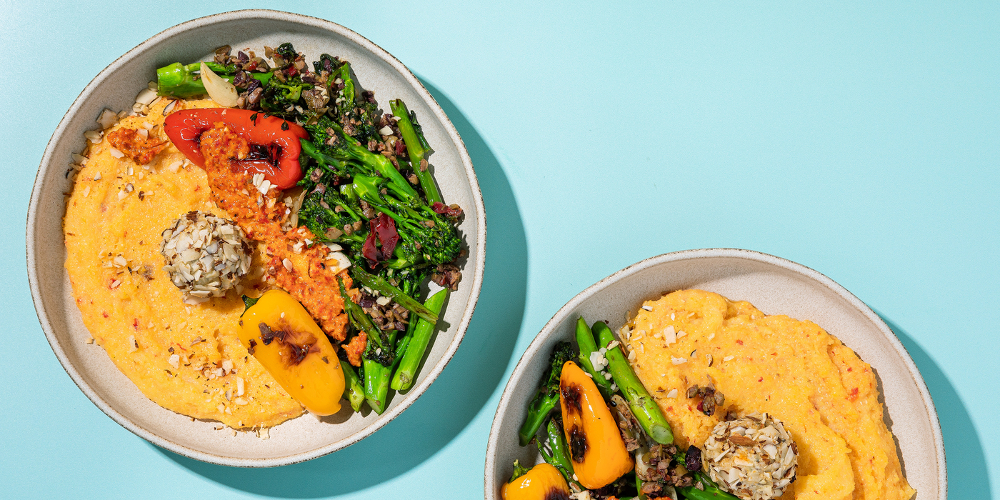 Romesco Polenta with Pan-Roasted Broccolini & Almond Crusted Cashew Cheese