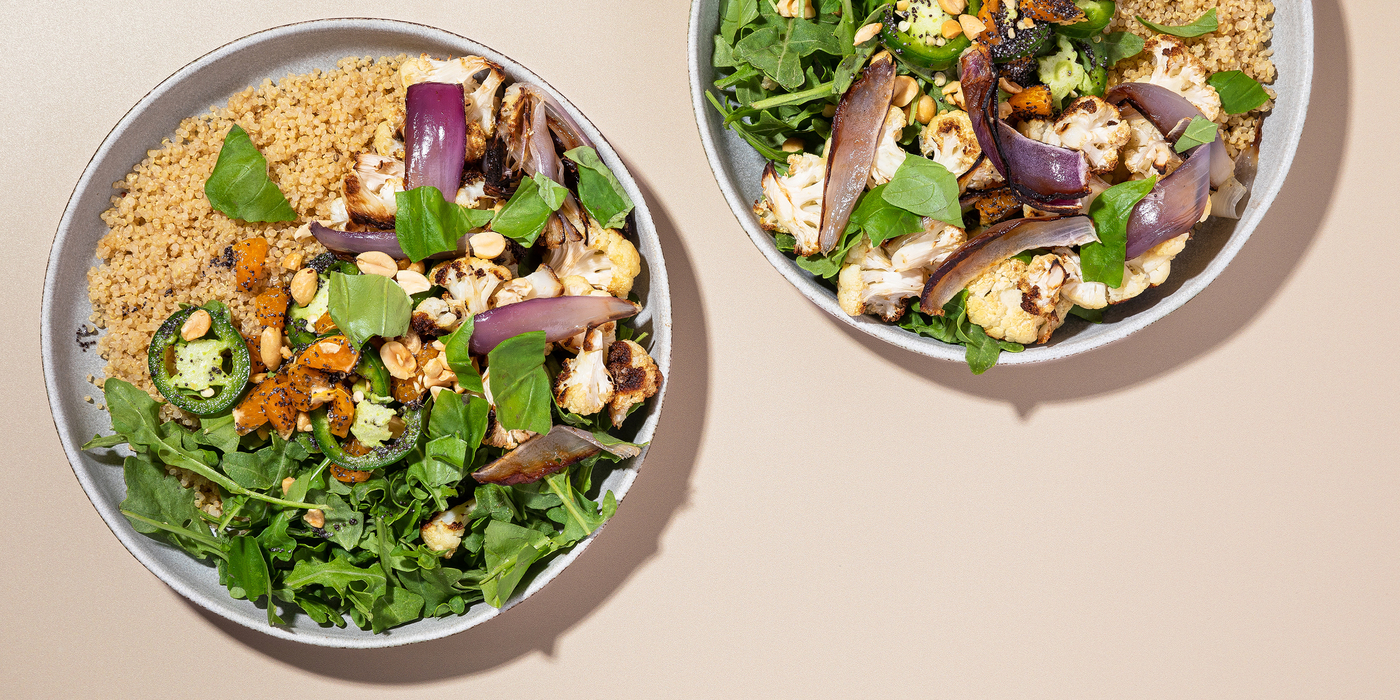 Farmer's Market Bowls with Roasted Cauliflower & Chile Basil Vinaigrette