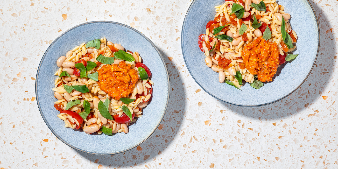 Caprese-Style Orzo & White Beans with Romesco Sauce