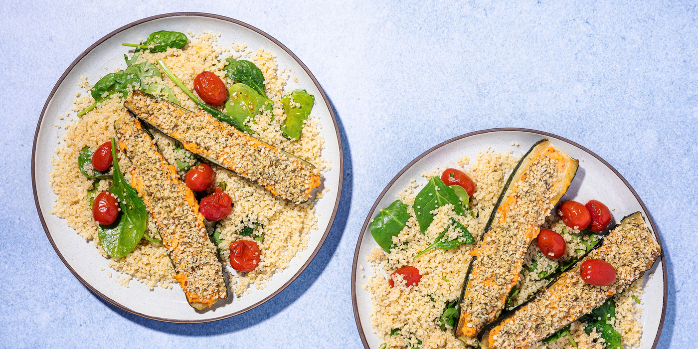 Romesco Zucchini with Cashew Cheese & Spinach Quinoa